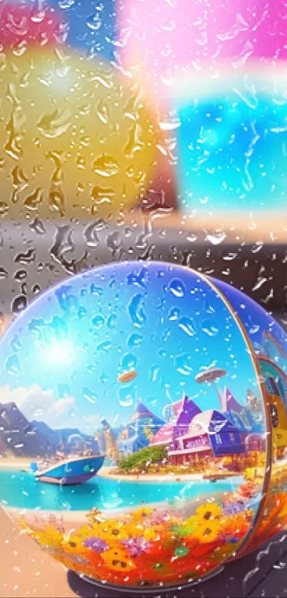 Whimsical beach ball with fantasy scenery and vibrant colors.