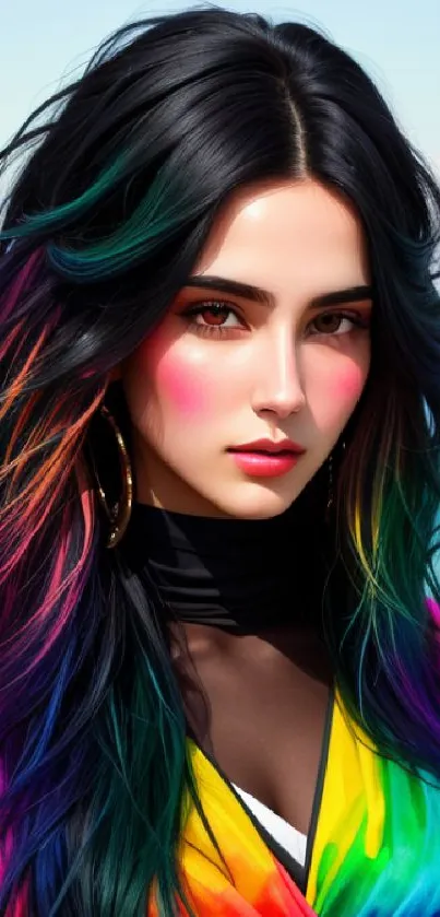 Stunning woman with rainbow hair by a vibrant ocean beach.