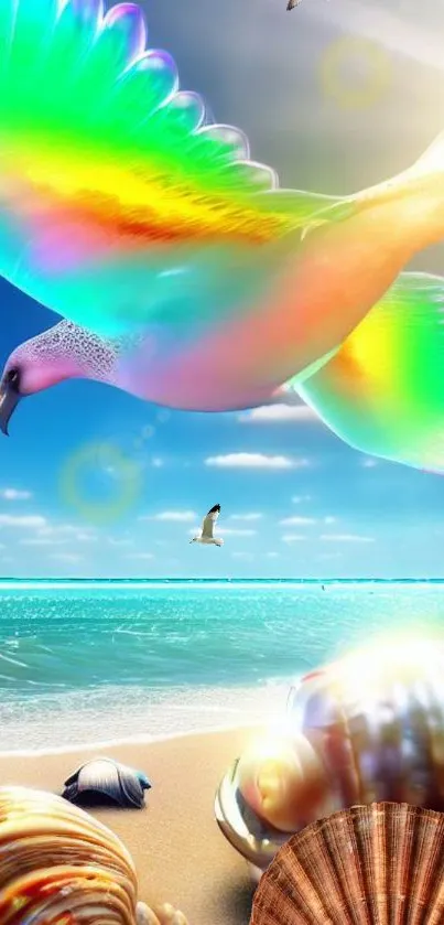 Rainbow bird flying over sunlit beach with seashells.