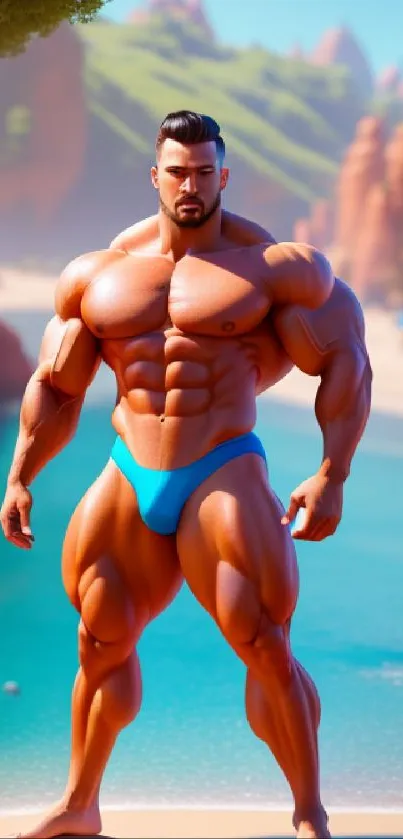 Artistic depiction of a muscular figure on a beach with vibrant colors.