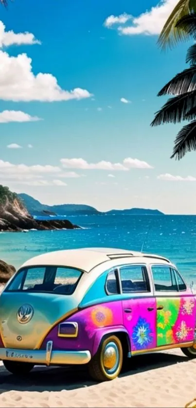 Colorful vintage car on a tropical beach with ocean and palm trees.