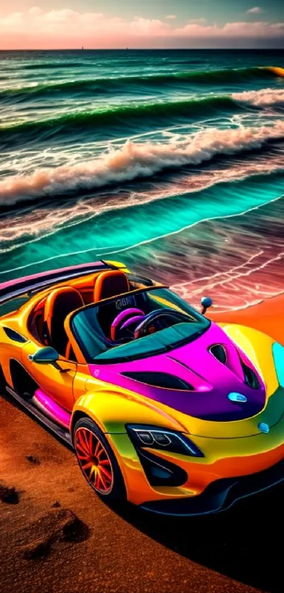 Colorful sports car parked on sandy beach by ocean waves.