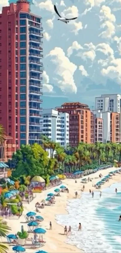 Artistic beach cityscape with tall buildings and palm trees.