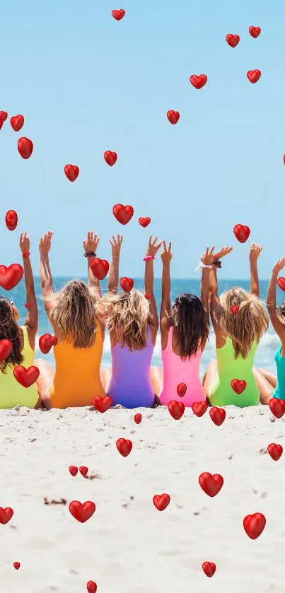 Friends in colorful swimsuits enjoying a sunny beach.