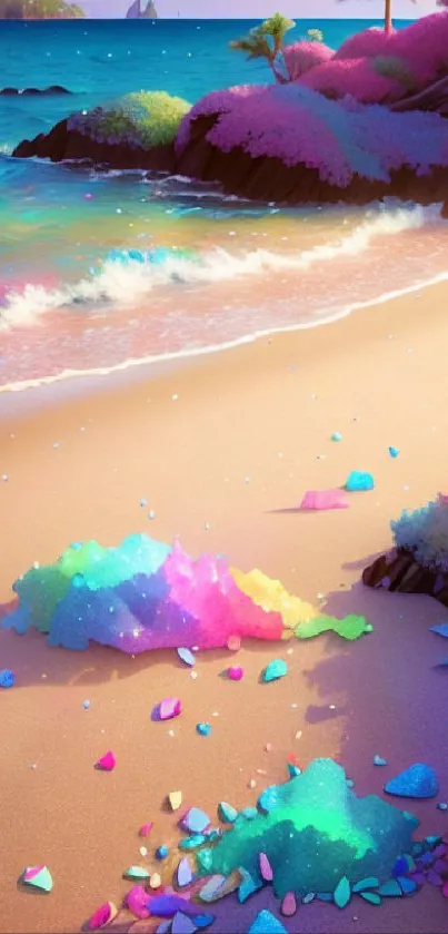 Colorful fantasy beach with crystals and ocean waves.