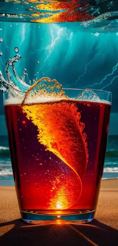 Imaginative beach wallpaper with glowing drink amidst ocean waves and stormy skies.