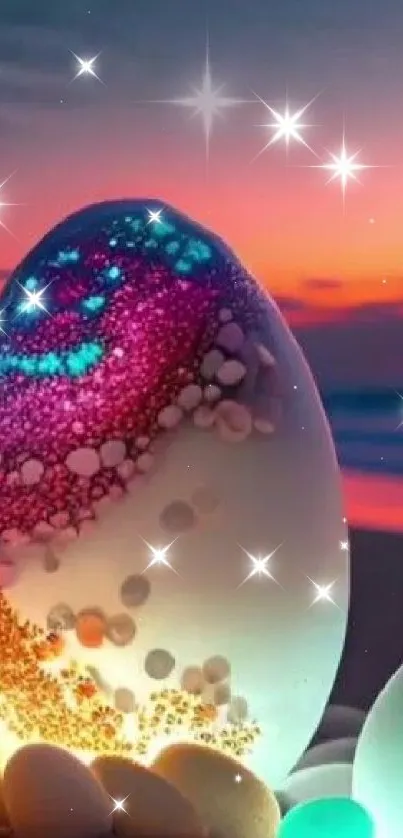 A colorful glowing egg on a beach at sunset, displaying vibrant hues and pebbles.