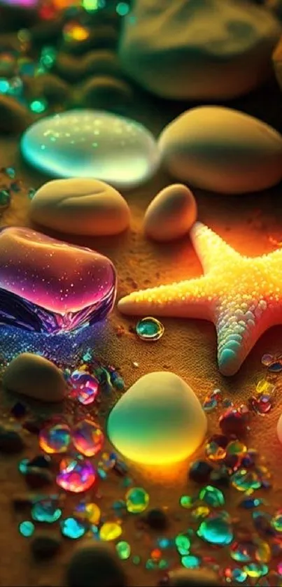 Colorful starfish and pebbles in vibrant beach-themed mobile wallpaper.