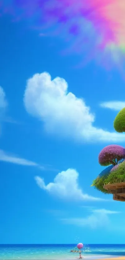 Fantasy beach scene with colorful sky and floating island.