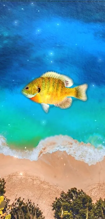 Vibrant wallpaper with fish over ocean beach scene.