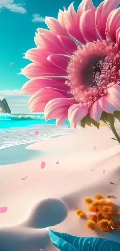 Vibrant pink flower by turquoise beach waves under a sunny sky.