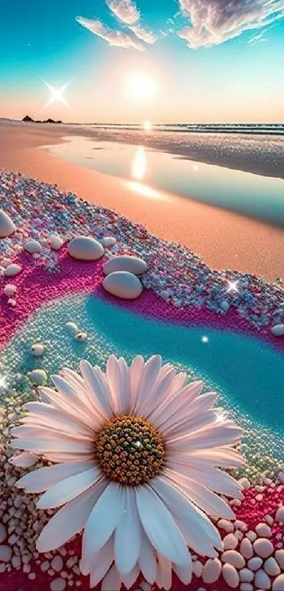 Vibrant beach scene with daisy flower and colorful sand under a bright sky.