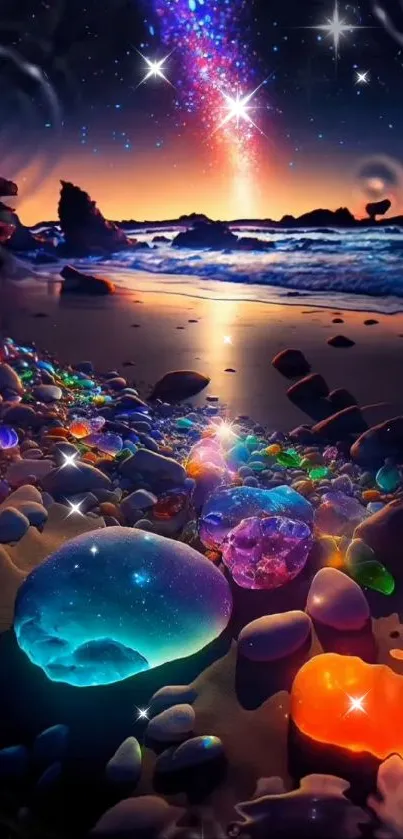 Vibrant gemstones on a beach under a starry night sky with a mesmerizing glow.