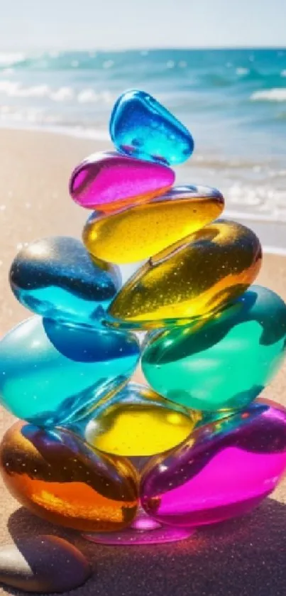 Colorful glass stones stacked on a sandy beach.