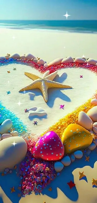 Heart-shaped beach scene with colorful stones and a starfish centerpiece.