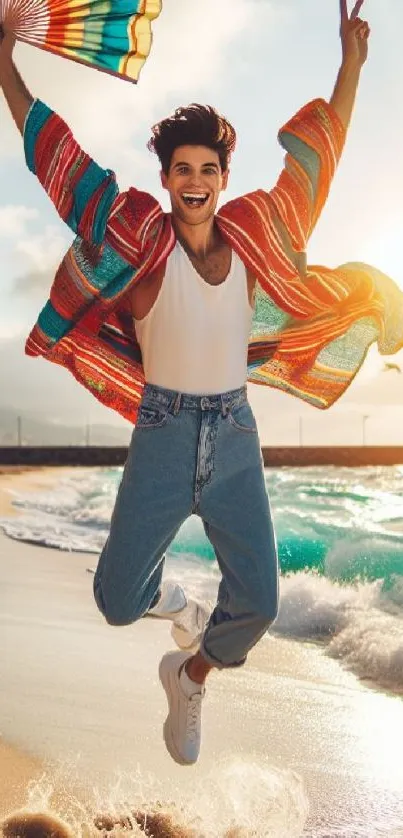Joyful person jumping on a sunny beach, with waves and colorful attire.