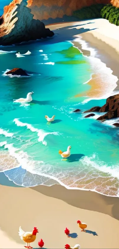 Vibrant beach scene with turquoise waters and chickens on sandy shore.