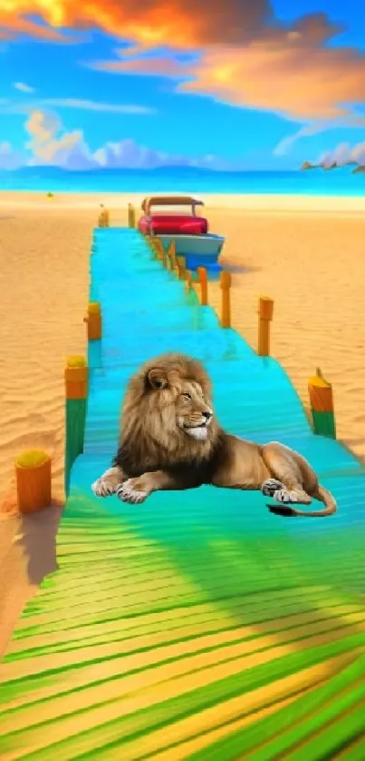 Lion resting on a colorful beach pathway with ocean view.