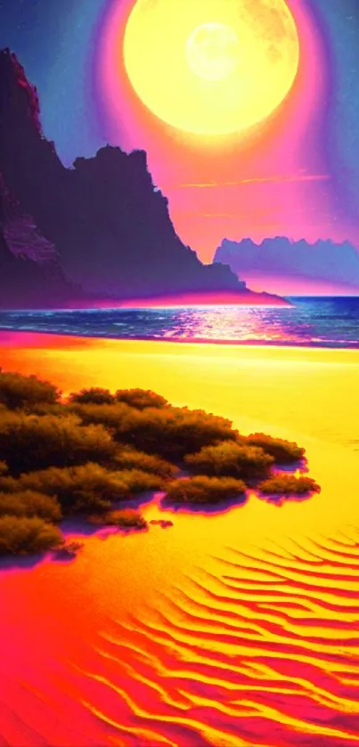 Vibrant beach with moonlit sky and colorful ocean waves.