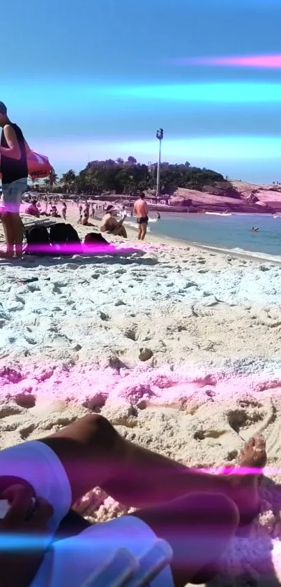 Beach scene with neon lights and people relaxing.