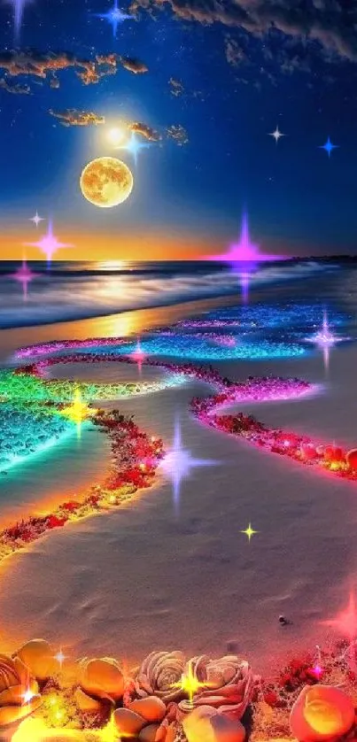 Vibrant beach nightscape with glowing sands and moonlit ocean.