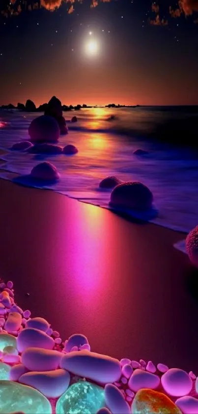 Colorful glowing stones on a beach at night with sunset reflection.