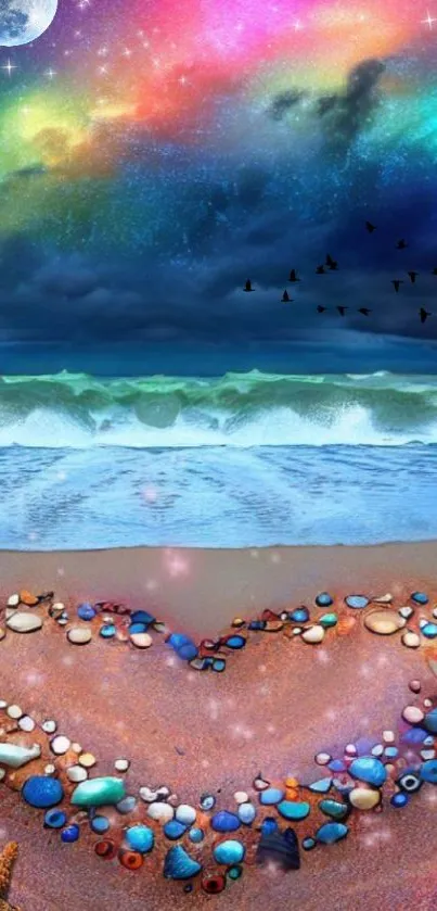 Colorful beach nightscape with heart-shaped pebbles under vibrant sky.