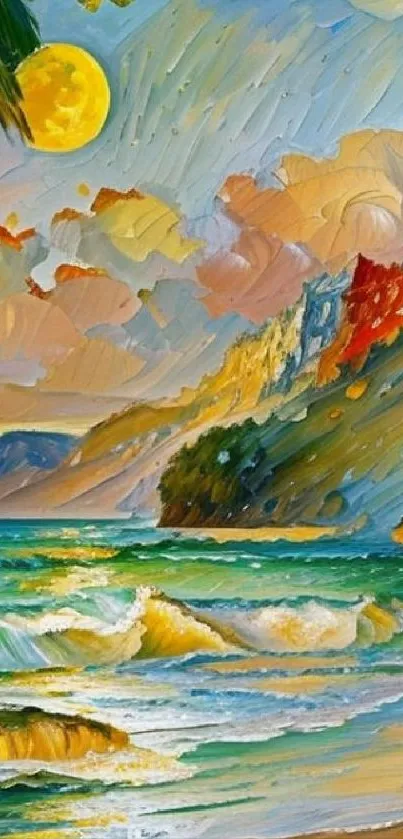 Colorful beach painting with ocean waves under a vibrant sunset scene.