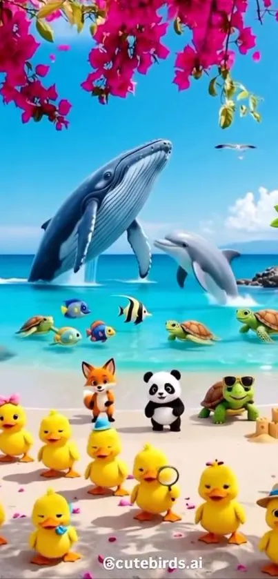 Bright beach wallpaper with animals and vibrant colors.