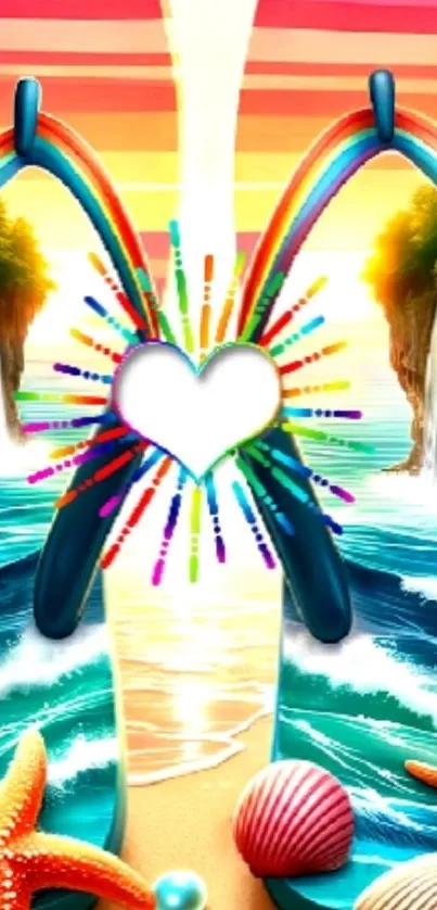 Colorful tropical beach with rainbows and waterfalls in vibrant art.