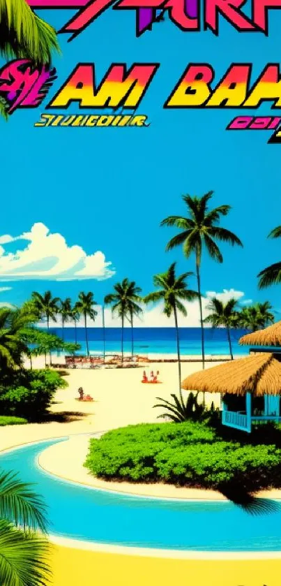 Retro style beach scene with palm trees and vibrant colors.