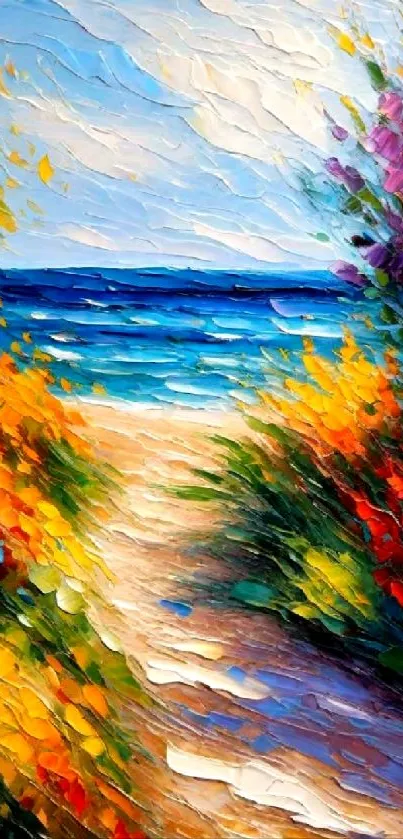 Vibrant and colorful beach pathway painting with dynamic brushstrokes.