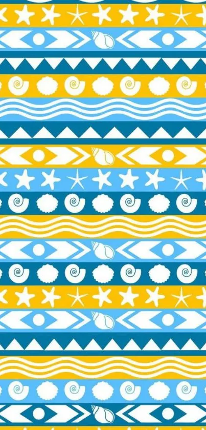 Vibrant beach pattern wallpaper with yellow, blue, and white elements.