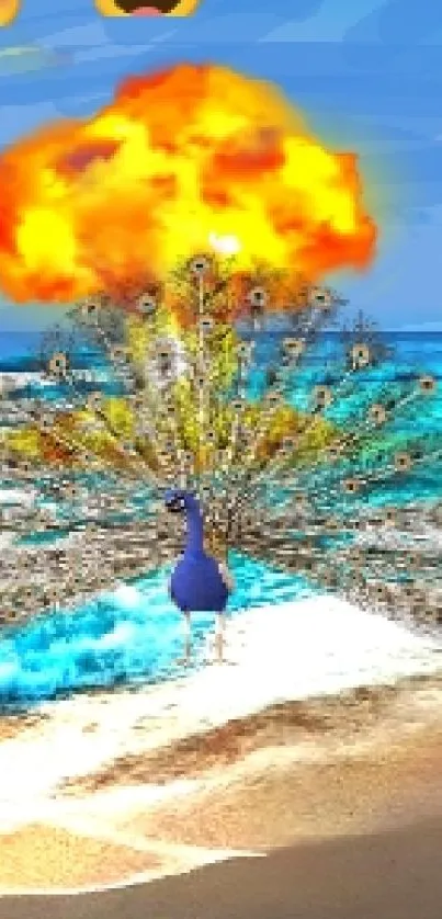 Peacock on a vibrant beach at sunset with colorful explosion and emojis.