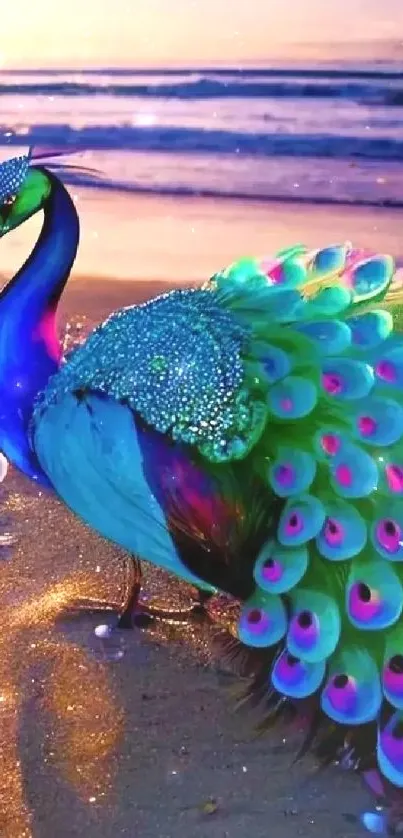 Vibrant peacock with colorful feathers on a beach at sunset.