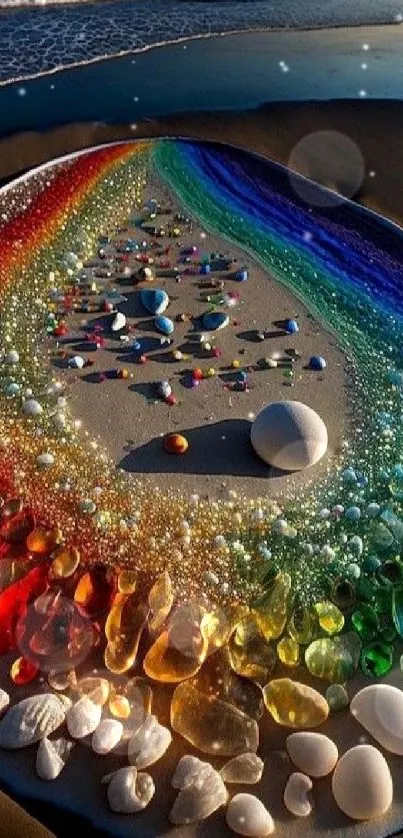 Rainbow-colored pebbles on a serene beach with ocean in the background.