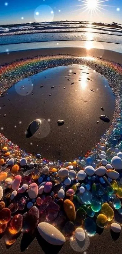 Colorful pebble circle on beach at sunset with vibrant ocean view.