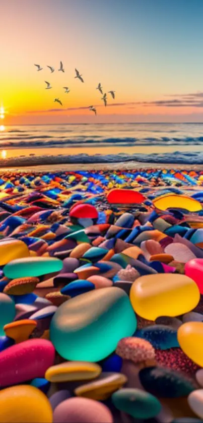 Vibrant pebble beach at sunset with birds flying over the ocean.