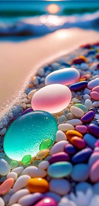 Vibrant beach scene with colorful pebbles and flowers.