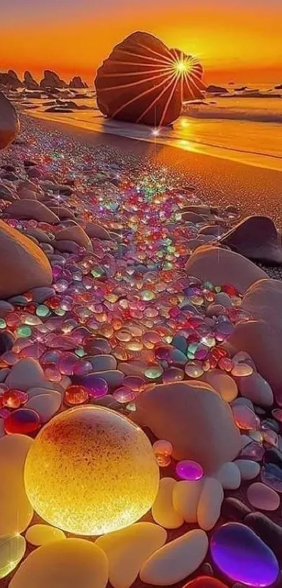 Colorful beach pebbles with sunset glow and vibrant hues.