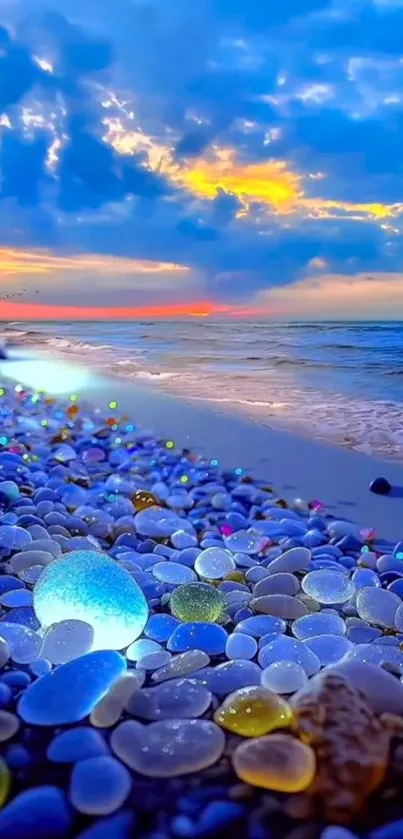 Vibrant beach pebbles illuminated at sunset.