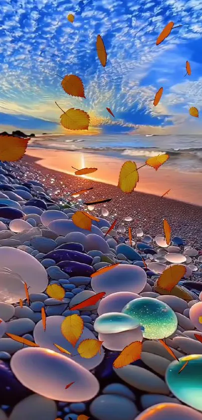 Colorful pebbles and autumn leaves at sunset on a serene beach.