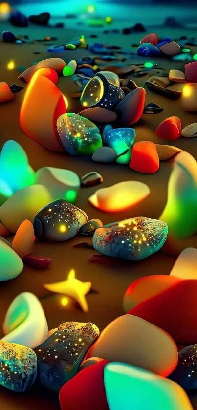 Colorful pebbles on a beach at night, glowing beautifully.