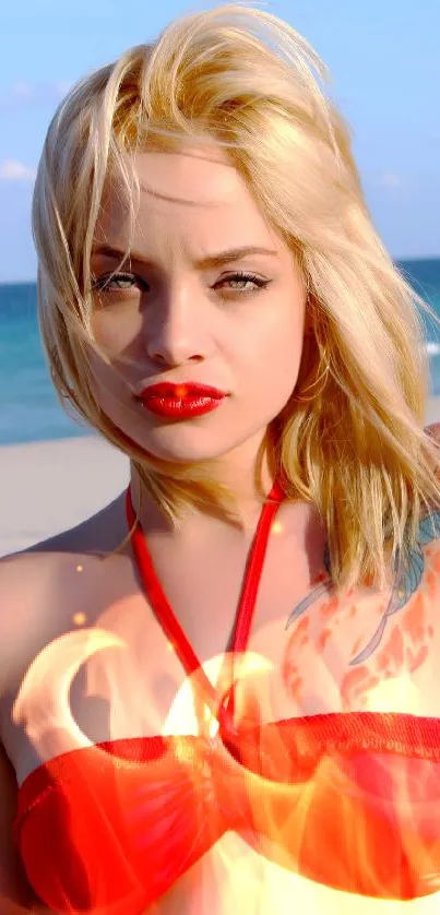 Blonde woman in red bikini on a sunny beach.