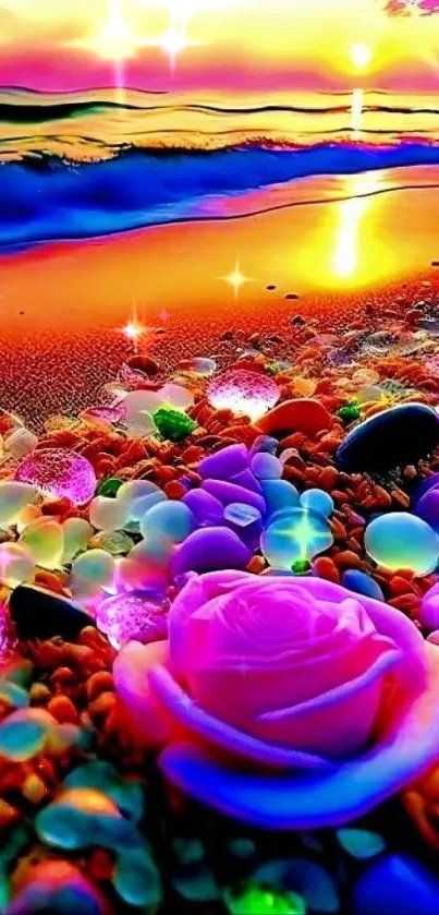 Vibrant beach scene with glowing sunset and colorful stones.