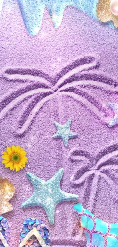 Colorful beach sand art wallpaper with starfish and seashells.