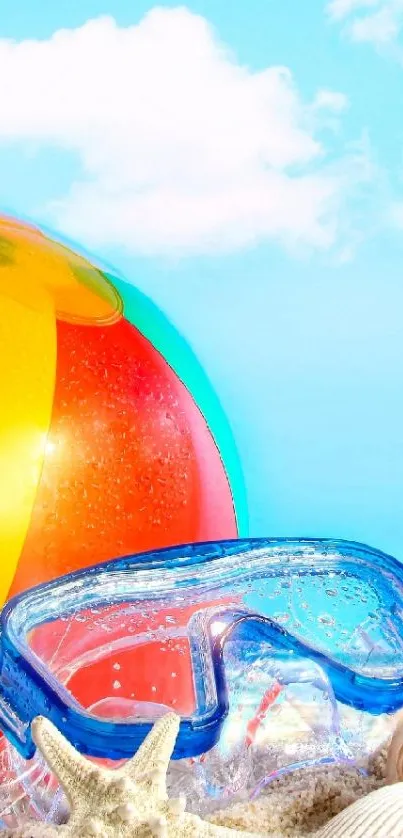 Colorful beach ball and goggles with bright sky.