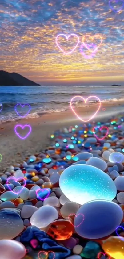 Vibrant beach scene with glowing stones and colorful heart overlays.