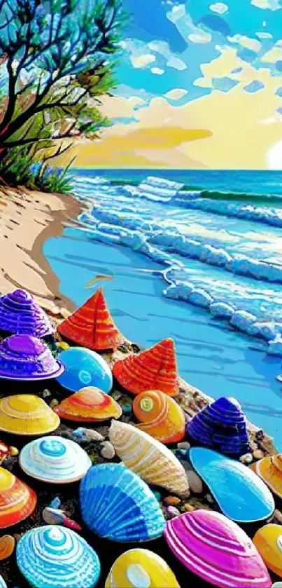 Vibrant beach scene with colorful seashells and ocean waves.