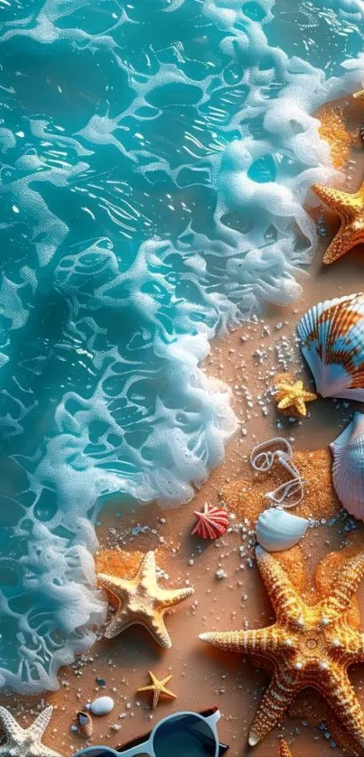 Turquoise beach scene with starfish and seashells on sandy shore.